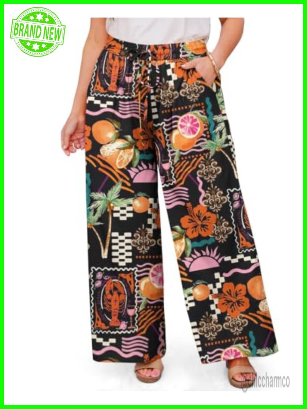 Plus Size Cotton Palazzo Pants Wide Leg Pockets High Waist Drawstring